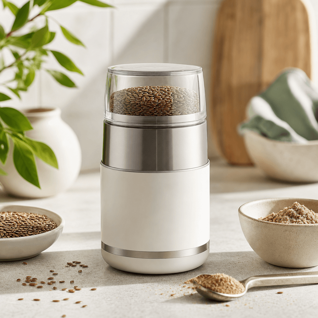 Electric Flax Grinder: Generated concept visual; final product photo pending supplier/sample confirmation.